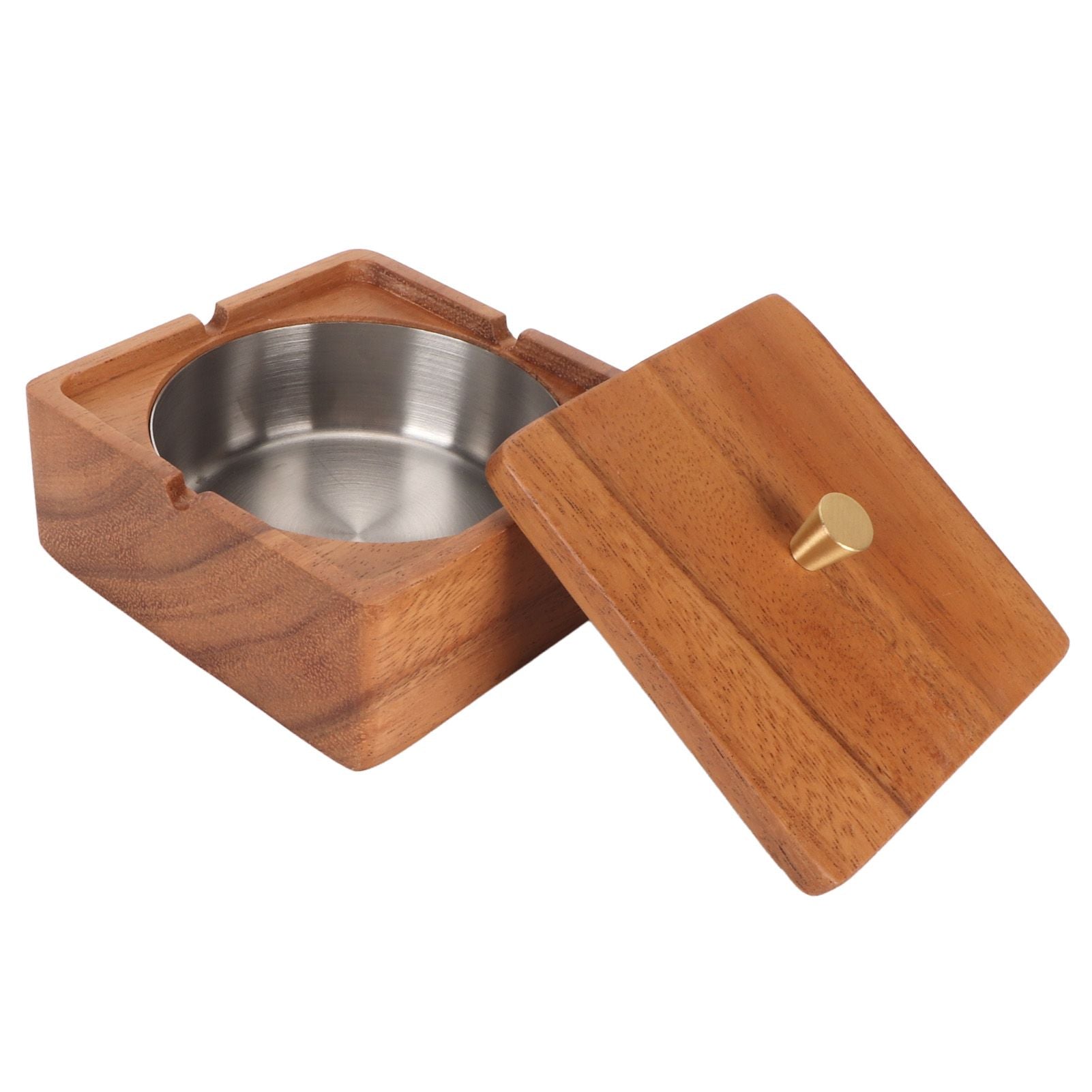 Cigar Ashtray with Lid Walnut Wood Windproof Decorative Desktop Cigarettes Ashtray for Outdoor Patio Indoor Home and Office Silver