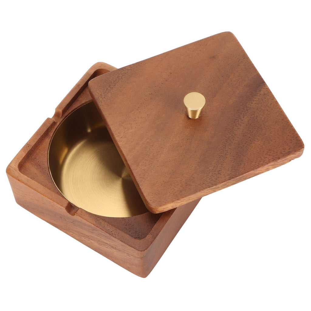 Cigar Ashtray with Lid Walnut Wood Windproof Decorative Desktop Cigarettes Ashtray for Outdoor Patio Indoor Home and Office Gold
