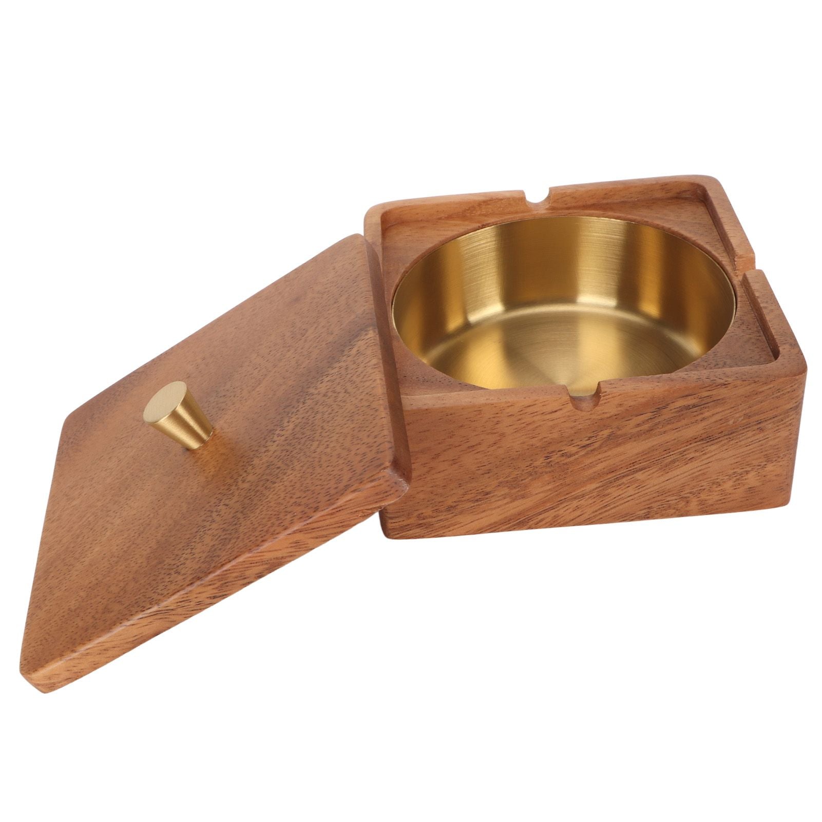 Cigar Ashtray with Lid Walnut Wood Windproof Decorative Desktop Cigarettes Ashtray for Outdoor Patio Indoor Home and Office Gold