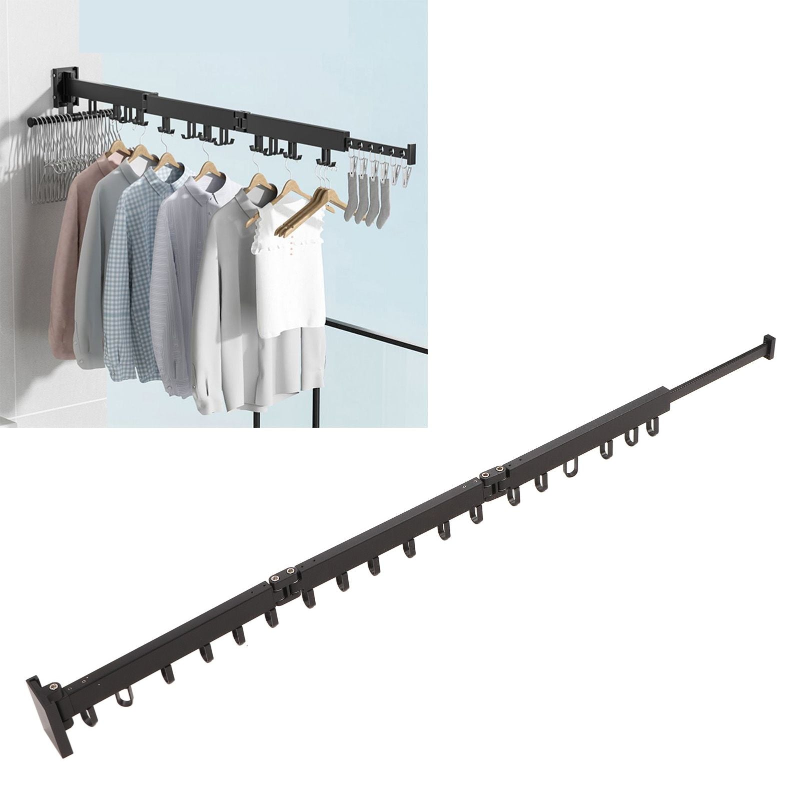 Clothes Hanger Rack Wall Mounted Hole Free Retractable Aluminum Laundry Drying Rack for Indoor Balcony 3 Fold