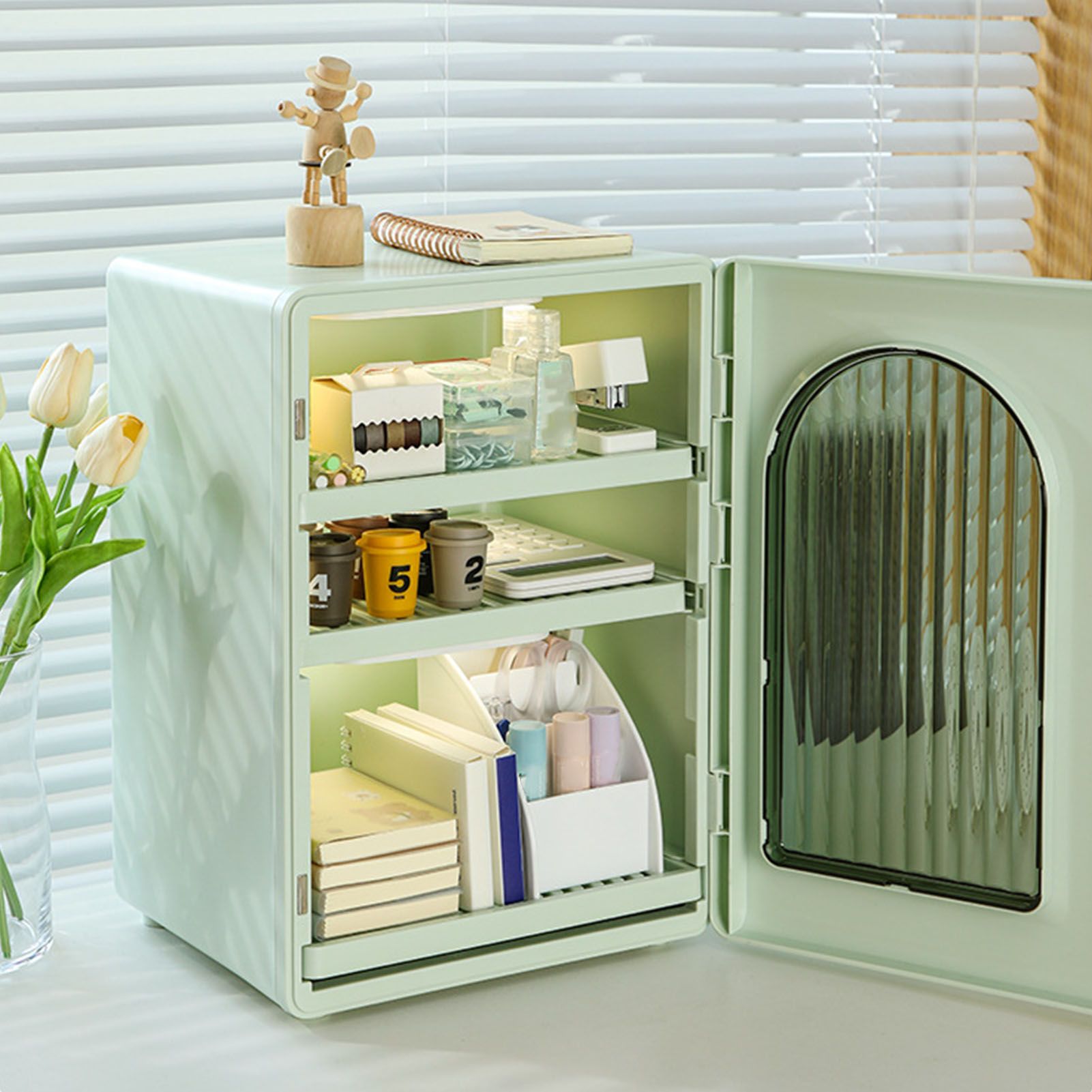 Water Cup Cabinet Multi Layer Multifunctional Dust Proof Minimalist Design Cup Storage Rack for Home Desktop Coffee Cups Tea Cups Creamy Green