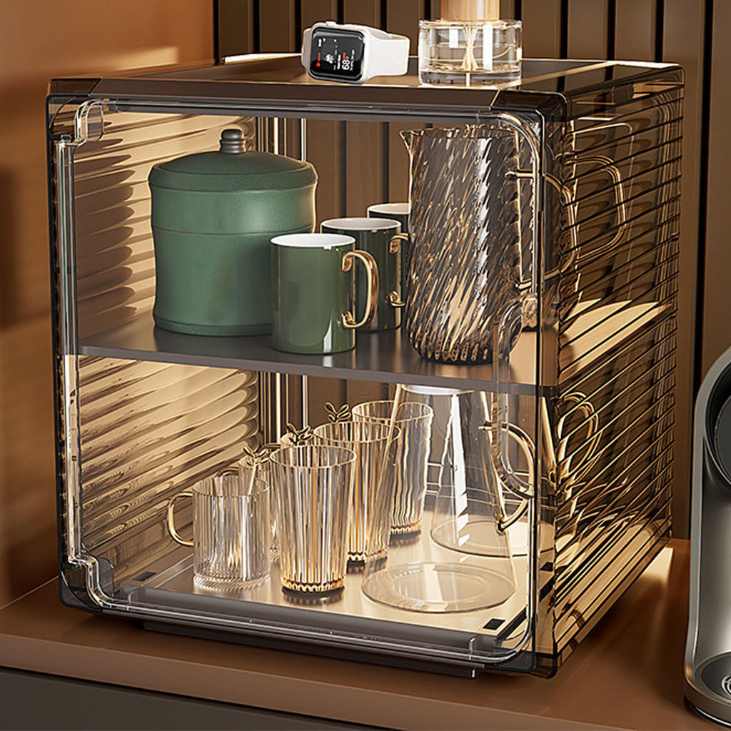Cup Storage Rack Dustproof Stackable Plastic Clear Cup Organizer Box for Cabinet Desktop Medium Black