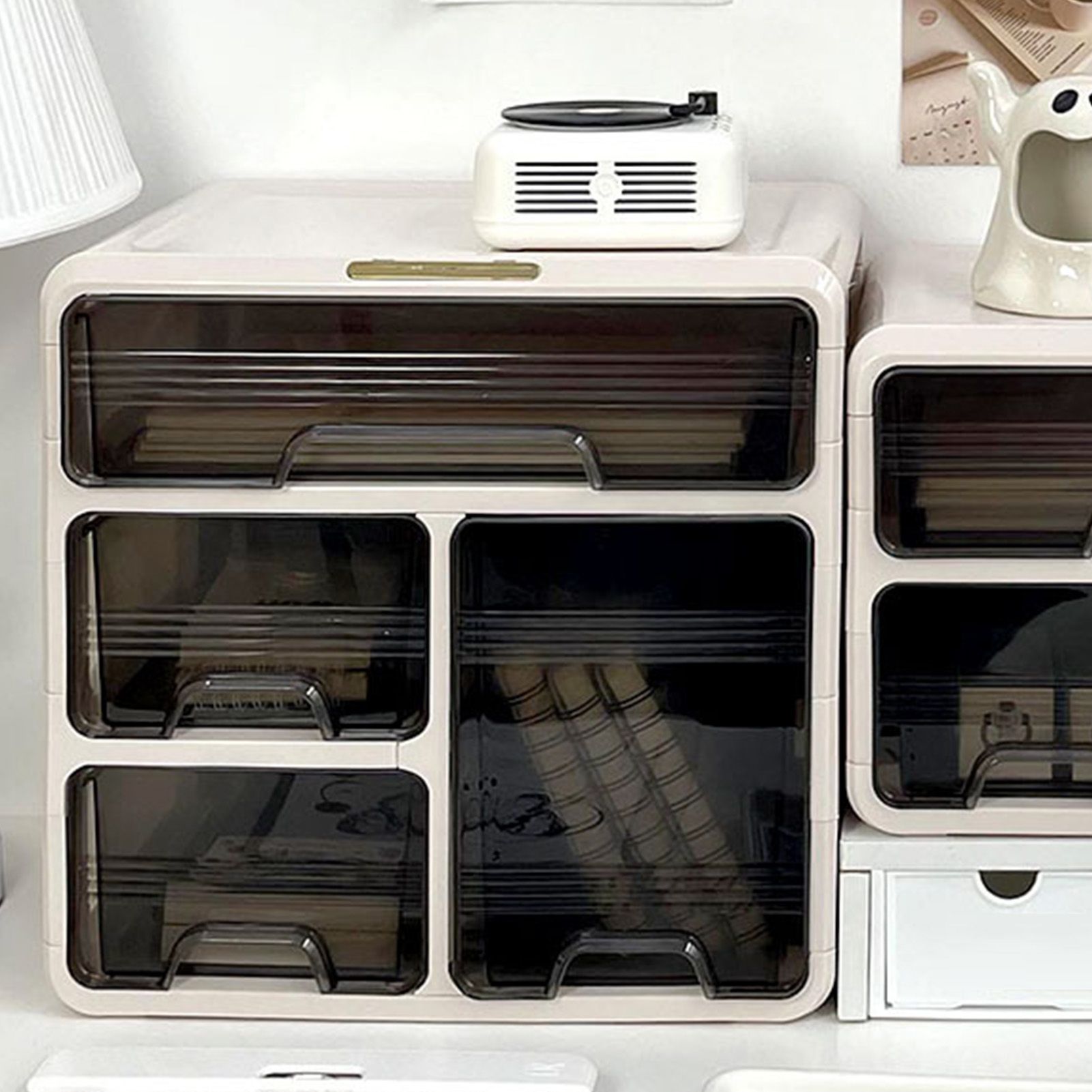 Desk Organizer with Drawer Plastic Desk Storage Box Desktop Organization for Home Collection Cosmetics Office Supplies Cream 3 Layer