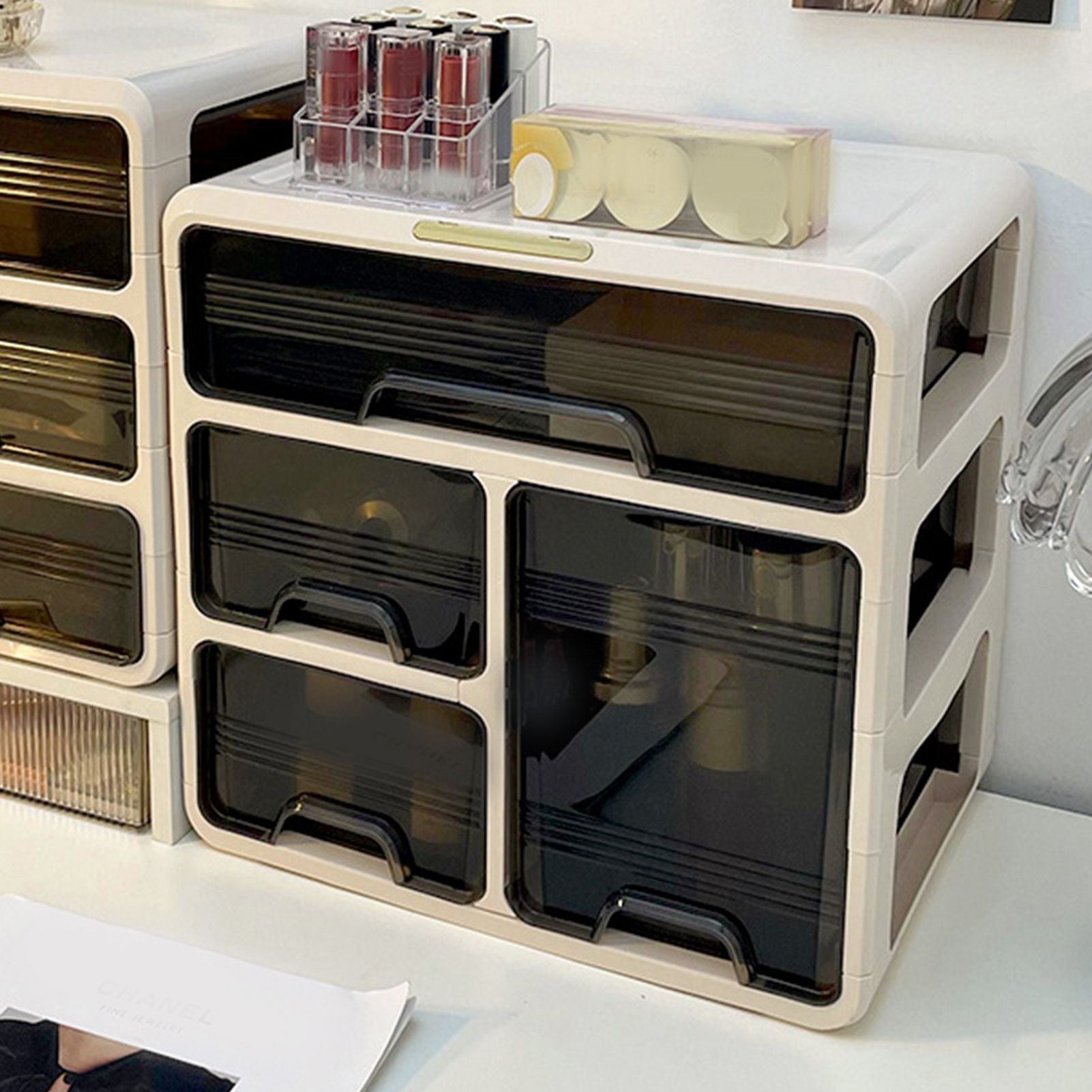 Desk Organizer with Drawer Plastic Desk Storage Box Desktop Organization for Home Collection Cosmetics Office Supplies Cream 3 Layer