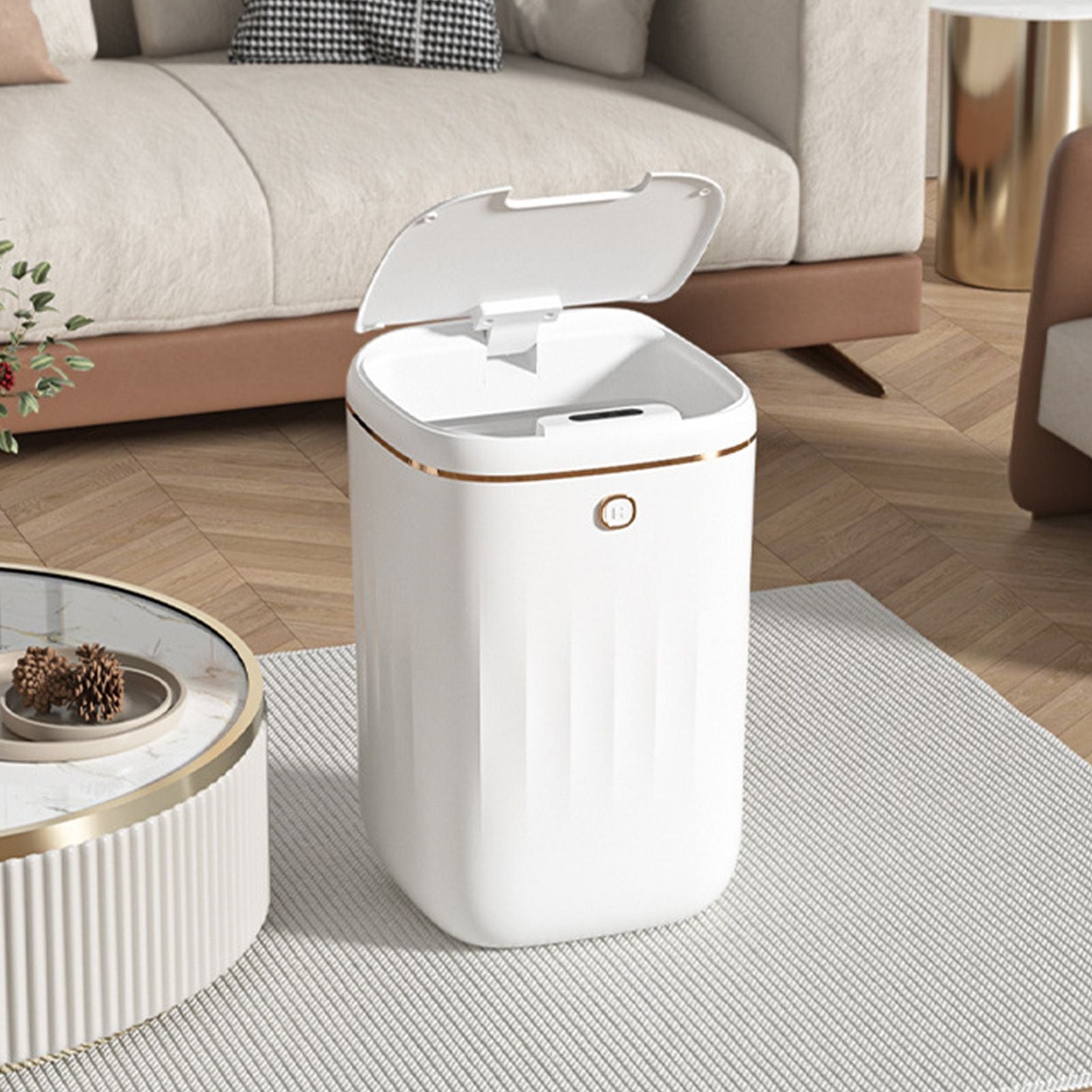 Automatic Trash Can 20L Touchless Sensor Easy Clean PP Waterproof Electric Garbage Bin for Kitchen Bathroom White Golden Battery Free