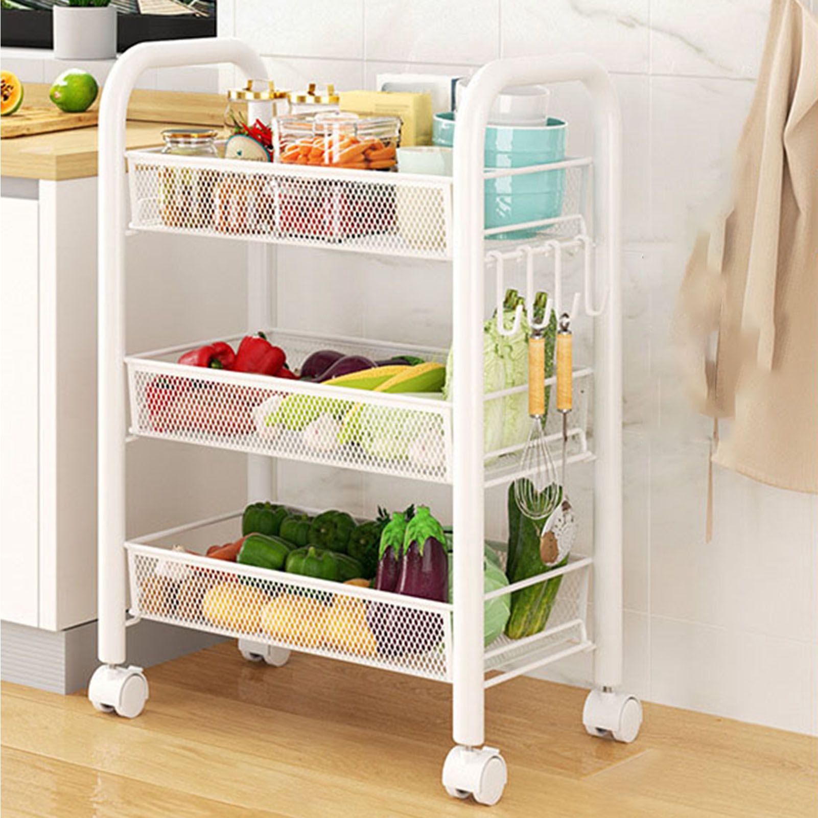 Rolling Storage Cart Layered Storage Shelves Multi Functional Movable Snack Vegetable Baskets Kitchen Shelves White Three Layers