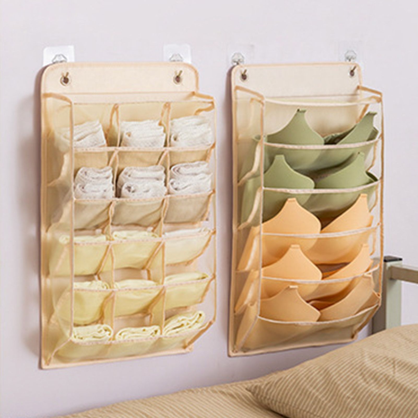 Closet Hanging Underwear Organizer Mesh Oxford Cloth PP Board Underwear Wall Shelf Wardrobe Hanging Storage Bag for Bra Socks Underpants 15 Pockets Beige