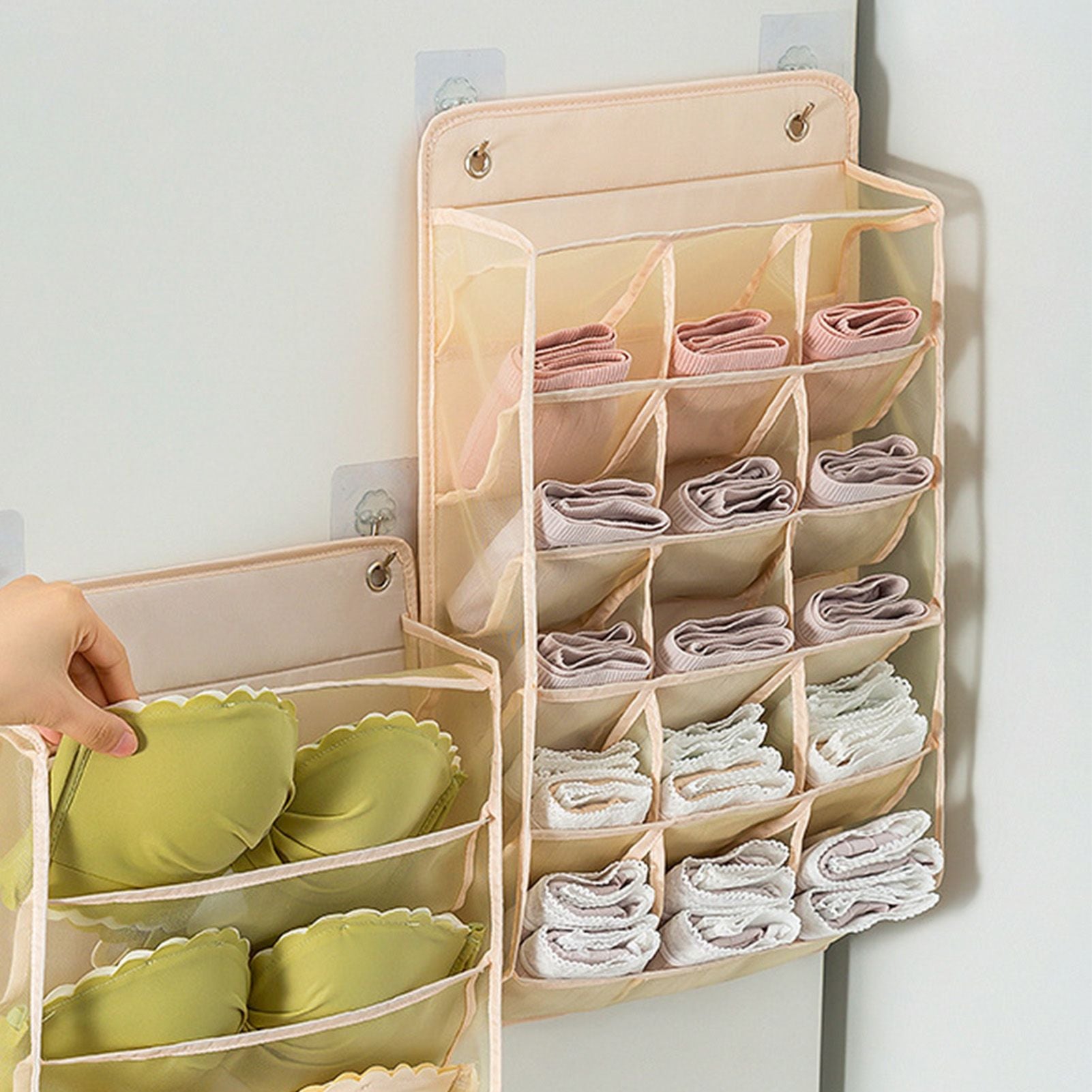 Closet Hanging Underwear Organizer Mesh Oxford Cloth PP Board Underwear Wall Shelf Wardrobe Hanging Storage Bag for Bra Socks Underpants 15 Pockets Beige