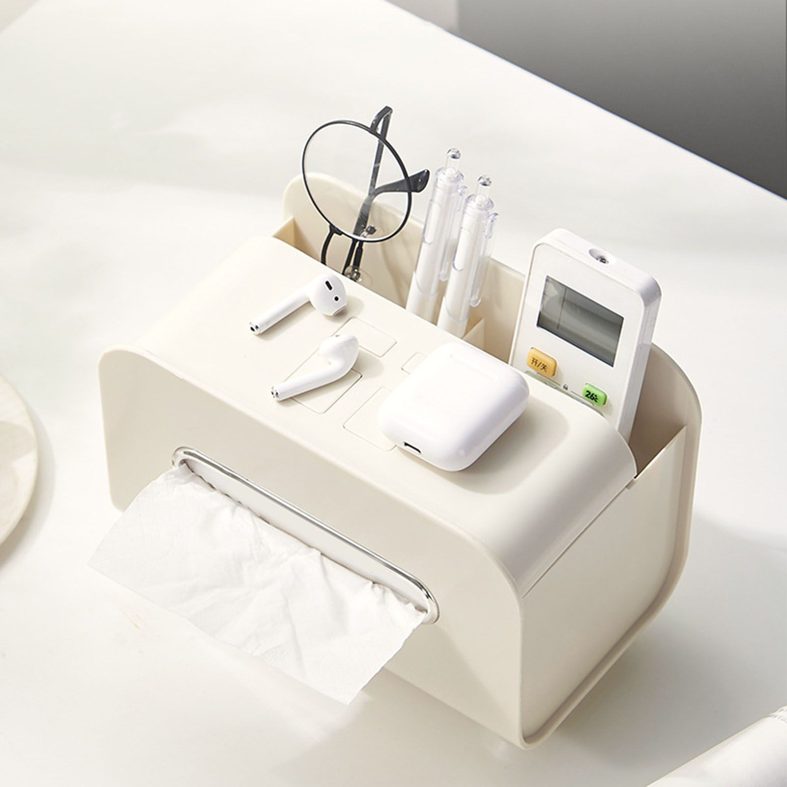 Desktop Tissue Box Multifunction Tissue Storage Dispenser with Phone Holder Remote Control Organizer Cream White