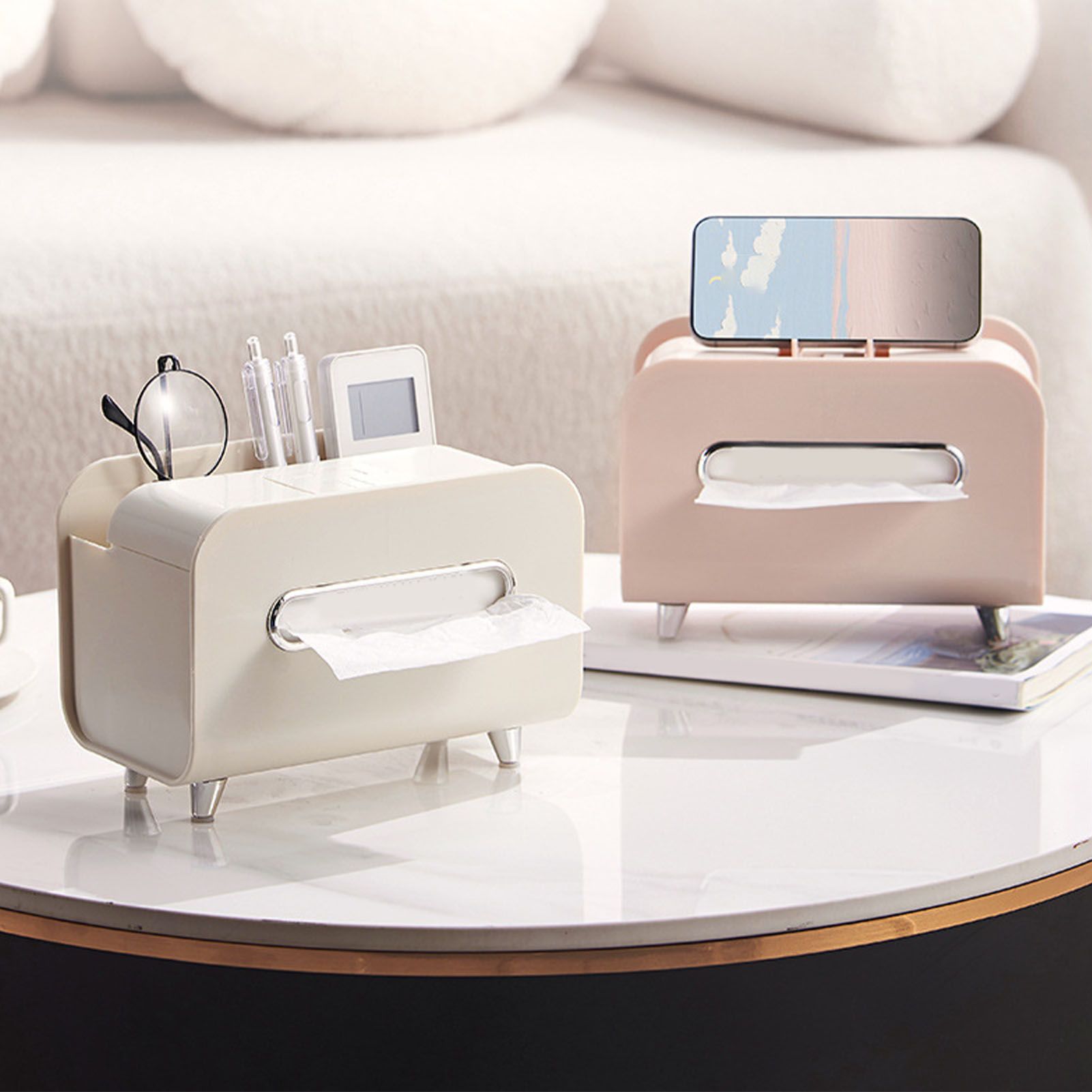 Desktop Tissue Box Multifunction Tissue Storage Dispenser with Phone Holder Remote Control Organizer Pink