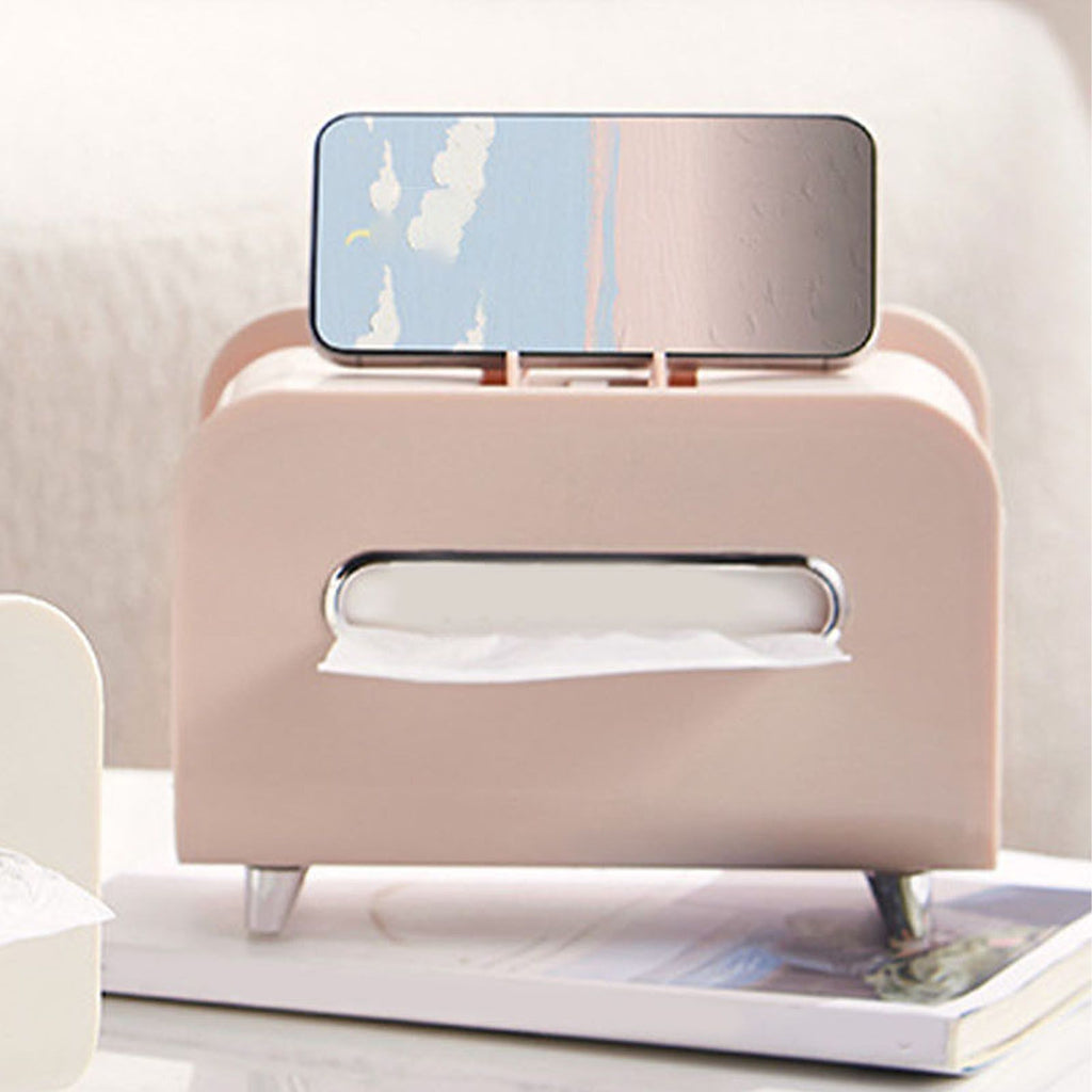 Desktop Tissue Box Multifunction Tissue Storage Dispenser with Phone Holder Remote Control Organizer Pink