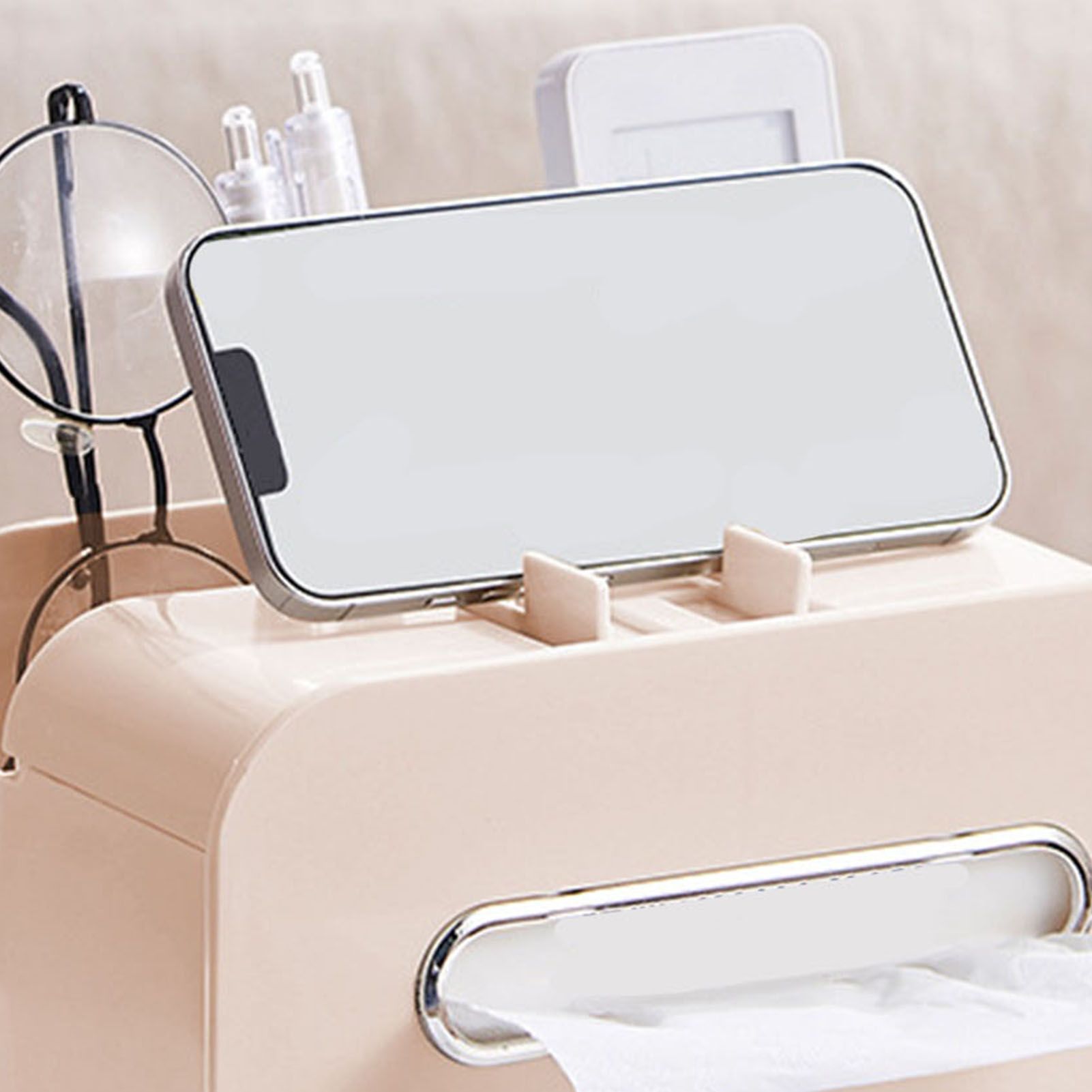 Desktop Tissue Box Multifunction Tissue Storage Dispenser with Phone Holder Remote Control Organizer Pink