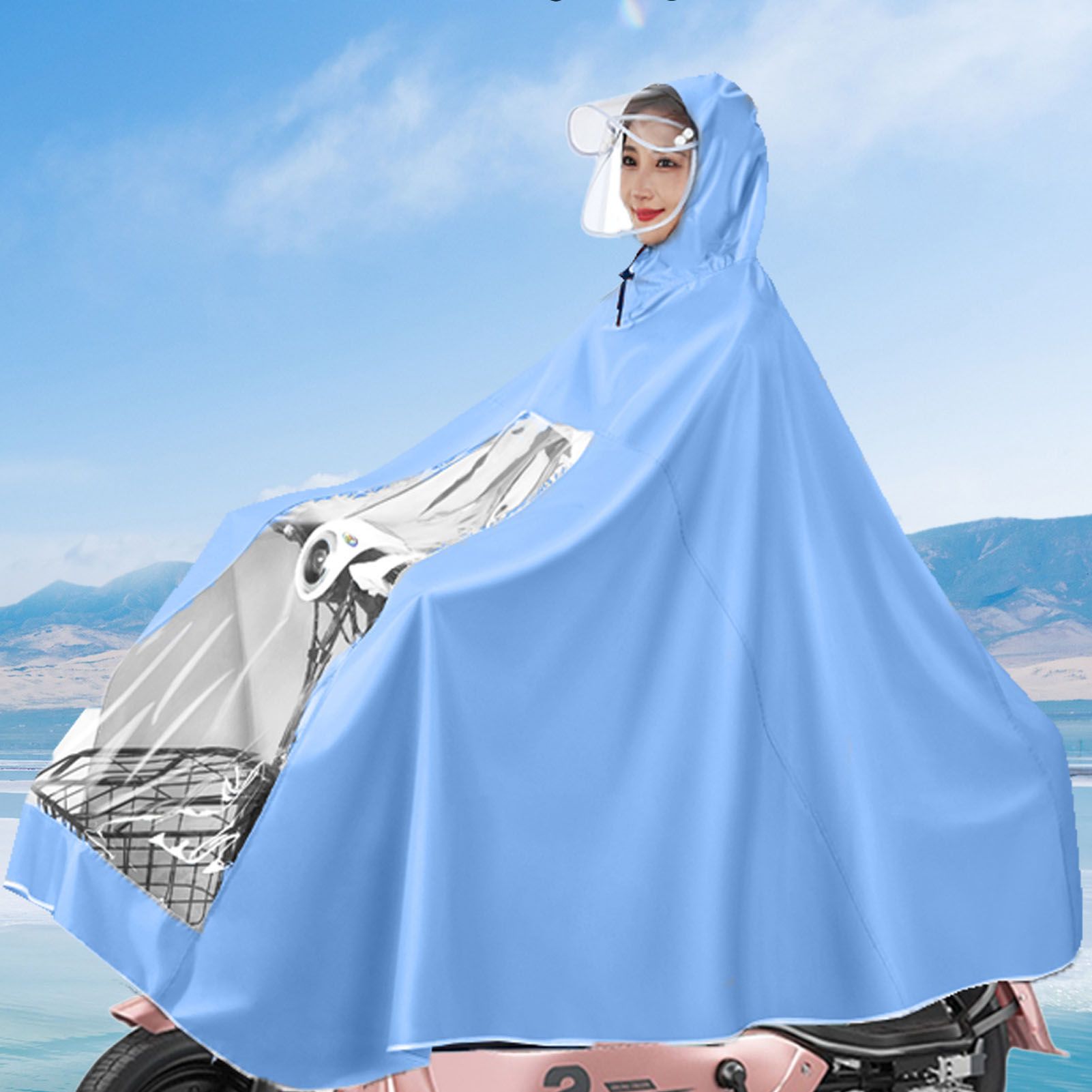 Electric Motorcycle Rain Cape Extended Full Body with Helmet Rainstorm Proof for Mobility Scooter Bicycle Cycling Sky Blue XXXXL