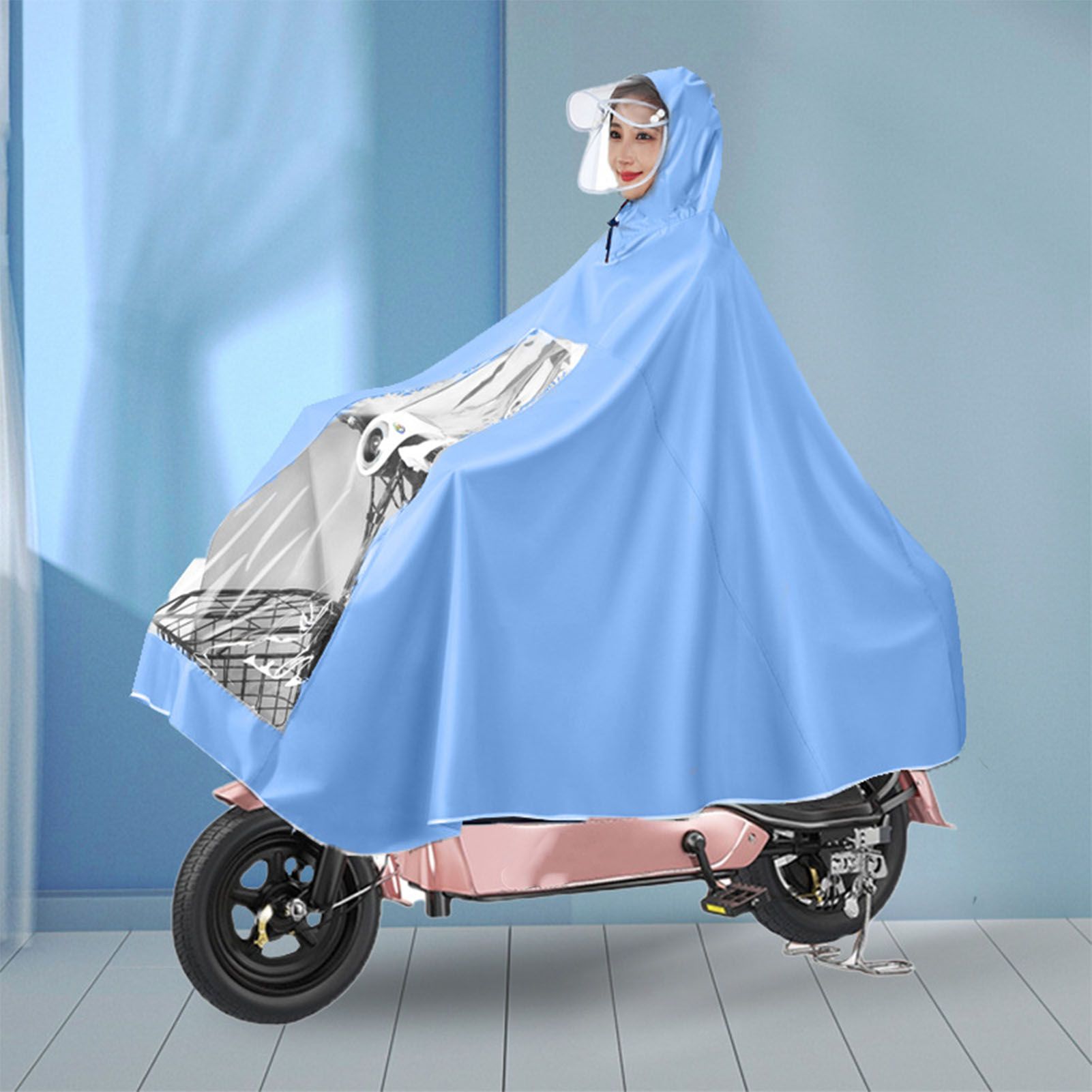 Electric Motorcycle Rain Cape Extended Full Body with Helmet Rainstorm Proof for Mobility Scooter Bicycle Cycling Sky Blue XXXL
