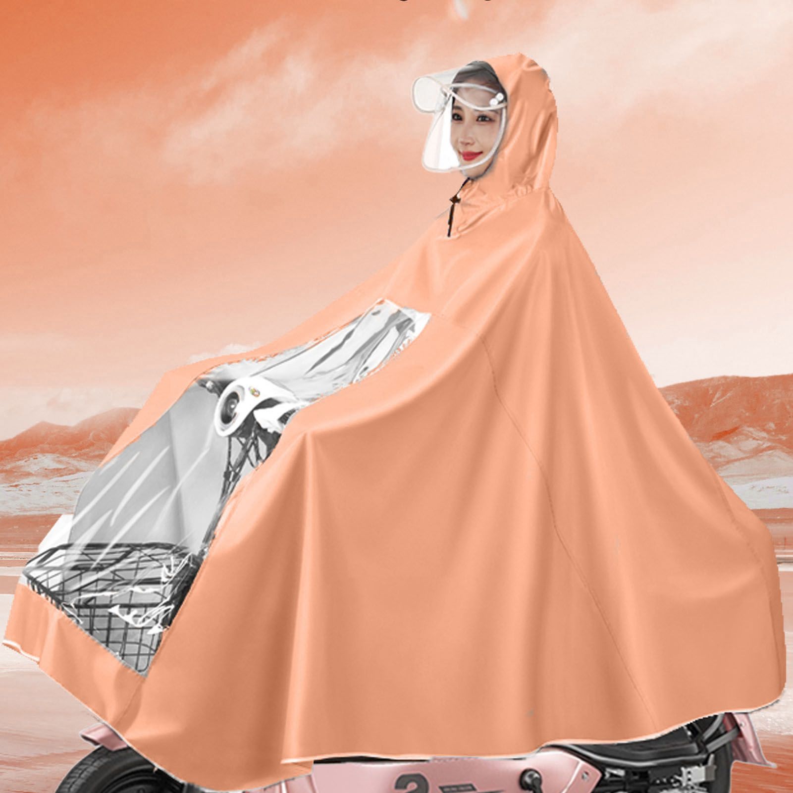 Electric Motorcycle Rain Cape Extended Full Body with Helmet Rainstorm Proof for Mobility Scooter Bicycle Cycling Orange XXXXL