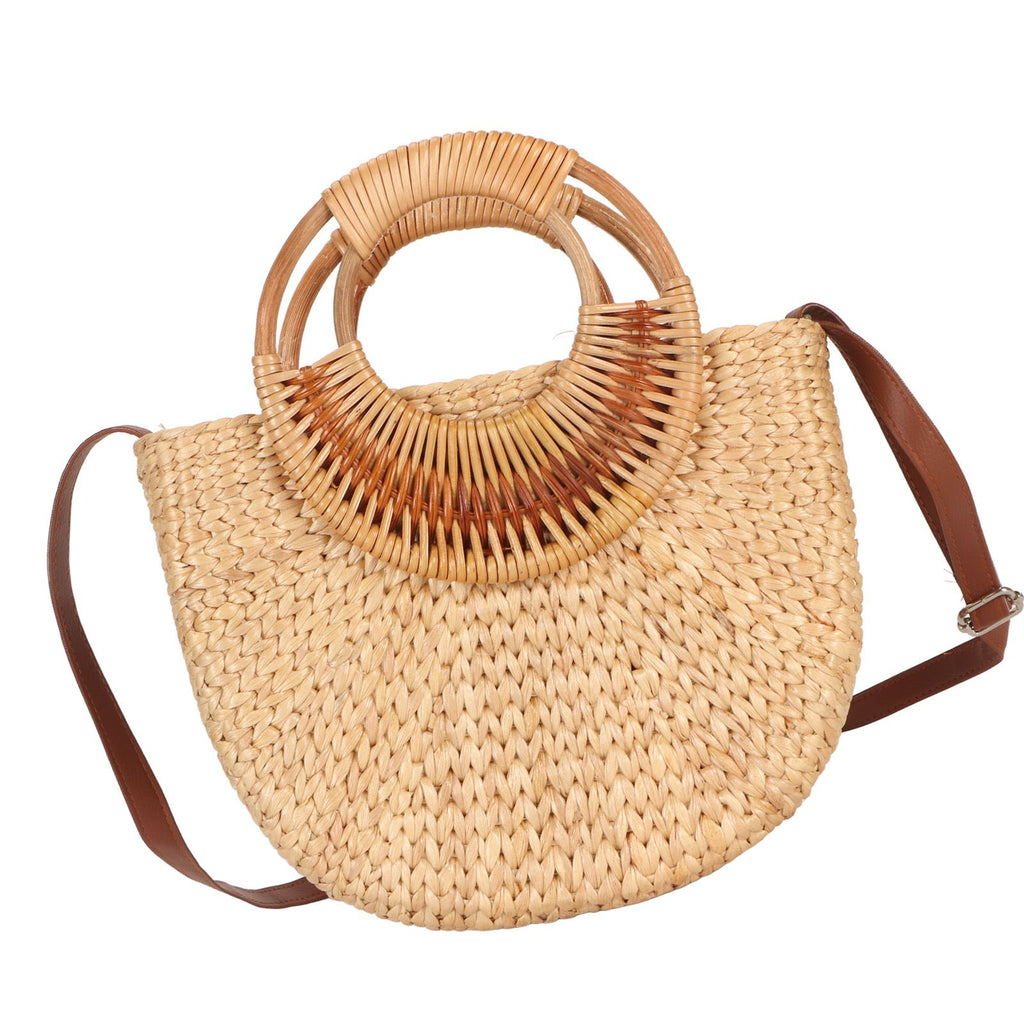 Women Rattan Bag Retro Fashion Small Semicircle Handwoven Straw Shoulder Bag Clutch Bag for Beach Travel