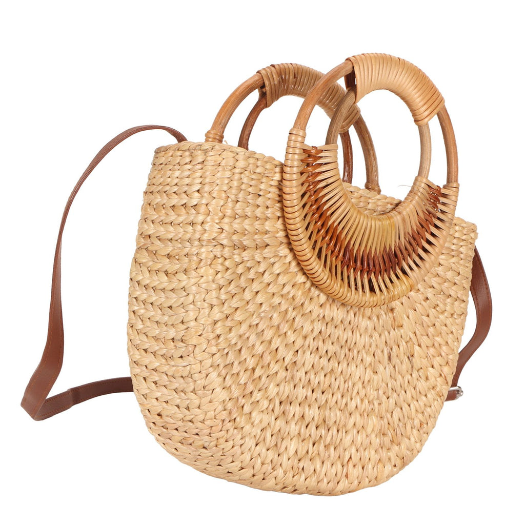 Women Rattan Bag Retro Fashion Small Semicircle Handwoven Straw Shoulder Bag Clutch Bag for Beach Travel