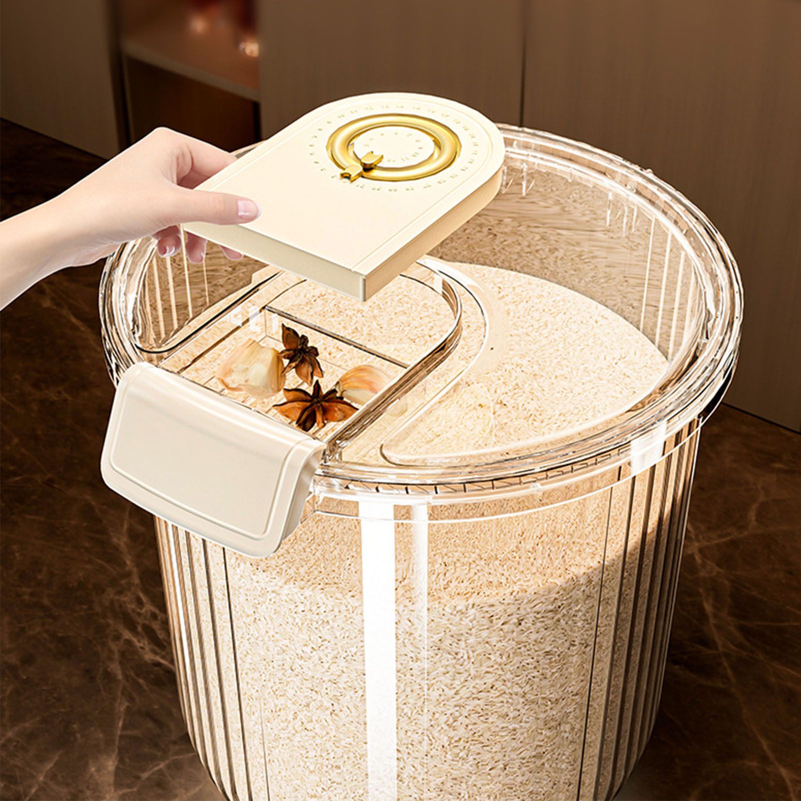 Rice Container Clear Rice Storage Bin Airtight Rice Bucket for Dry Food Grain Flour Soybean Kitchen Pantry Countertop 11kg 27.5x31x20cm / 10.8x12.2x7.9in