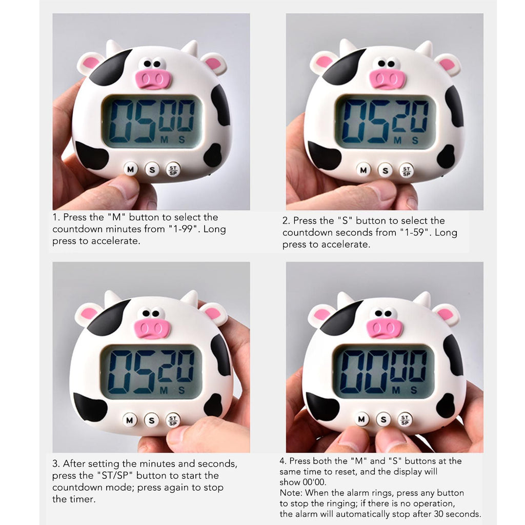 Digital Kitchen Timer Countup Countdown Cartoon Animal Sound Flash Alert Easy Operation with Stand for Cooking Teaching White Cow