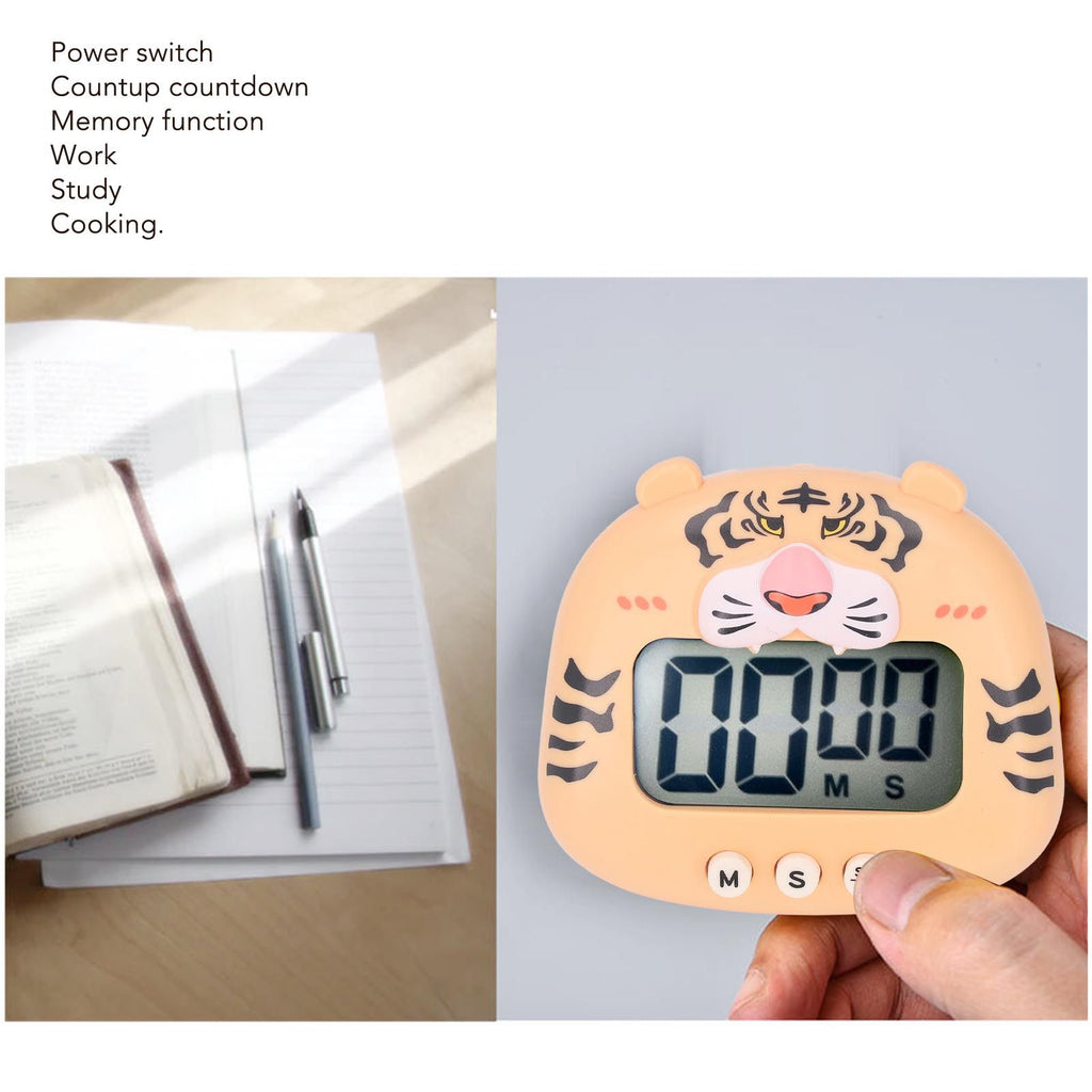 Digital Kitchen Timer Countup Countdown Cartoon Animal Sound Flash Alert Easy Operation with Stand for Cooking Teaching Yellow Tiger