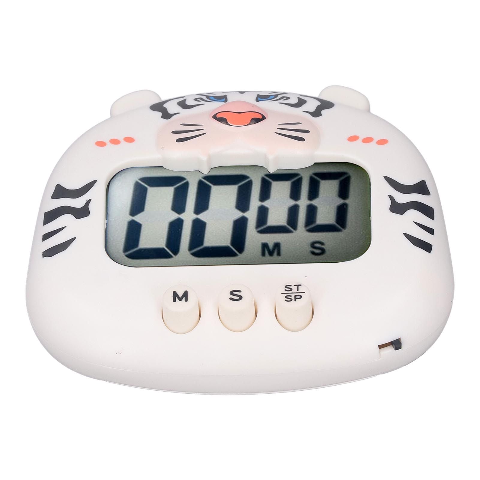 Digital Kitchen Timer Countup Countdown Cartoon Animal Sound Flash Alert Easy Operation with Stand for Cooking Teaching White Tiger