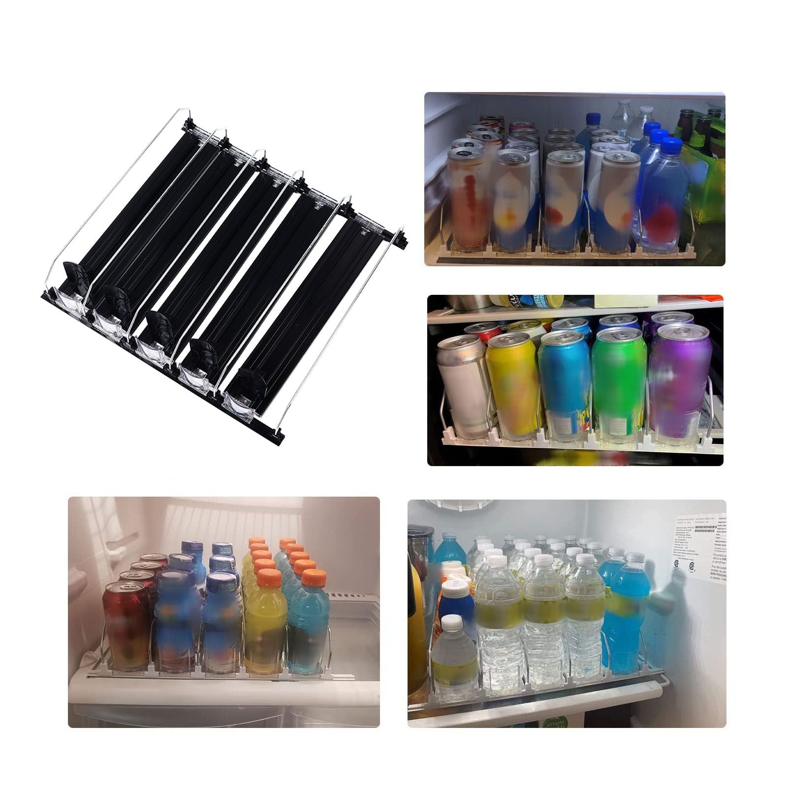 Drink Organizer for Fridge Spring Loaded Adjustable Push Rod Slide Rail Soda Can Dispenser for Beer Beverages 38cm Black