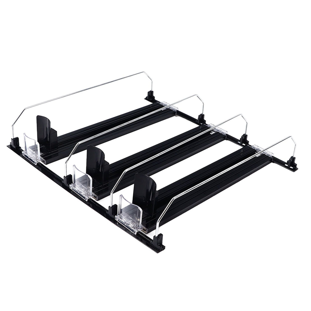 38cm Drink Organizer for Fridge Automatic Pusher Glide 12oz 16oz 20oz Soda Dispenser for Fridge Width Adjustable E Shaped 38cm Black