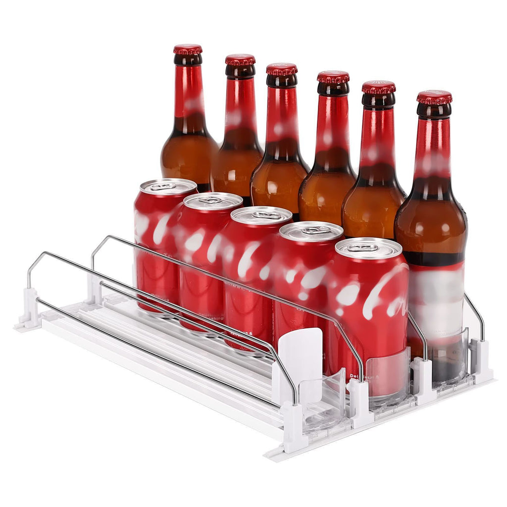 38cm Drink Organizer for Fridge Automatic Pusher Glide 12oz 16oz 20oz Soda Dispenser for Fridge Width Adjustable E Shaped 38cm White