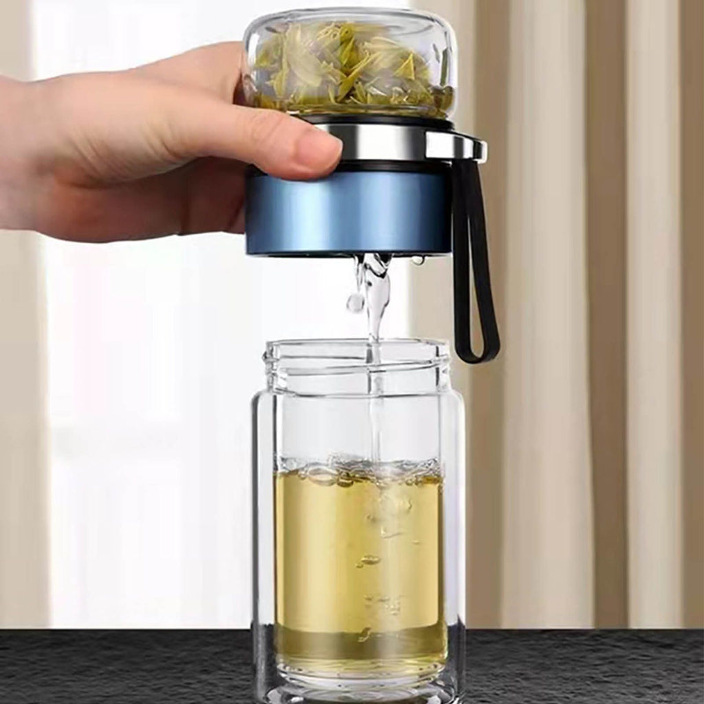 Glass Transparent Tea Bottle Portable Tea Water Bottle Tea and Water Separation Bottle Blue