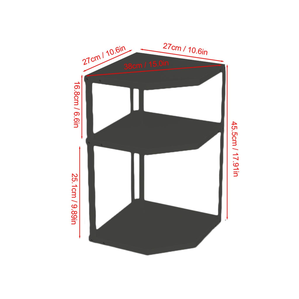 Kitchen Small Corner Shelf Rack Fan Shaped Space Saving Stable Carbon Steel Cookware Stand for Pots Pans 3 Layer Black 27x27x45.5cm