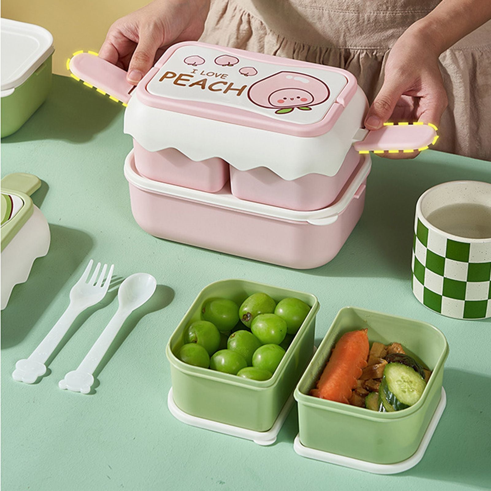 Cute Portable Students Lunch Box Microwaveable Children Cartoon Bento Box Independent Compartment Lunch Container Pink
