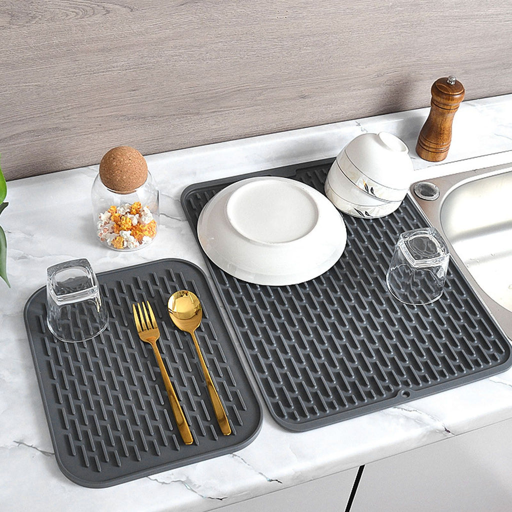 Rectangular Silicone Dish Drying Mat Heat Insulation Anti Slip Dish Drying Mat with Built in Drain Lip for Kitchen Counter Small Size