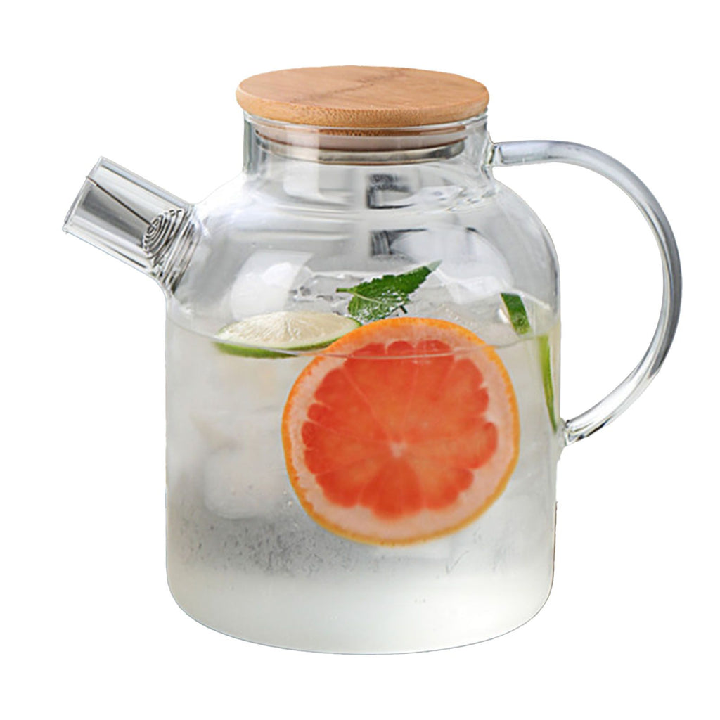 Water Pitcher 1800ml Glass Fridge Jug with Filter Whisk Wood Lid Heat Resistant Beverage Serveware for Drinks Tea Coffee