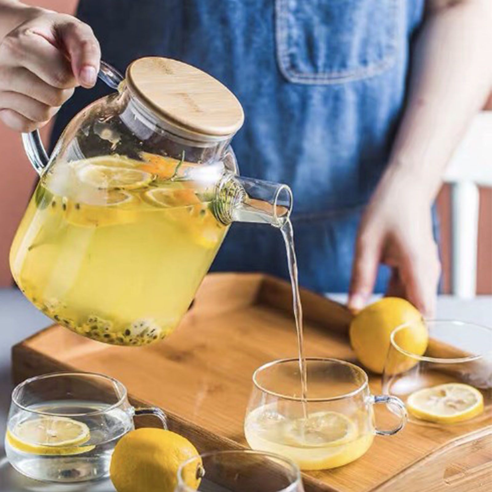 Water Pitcher 1800ml Glass Fridge Jug with Filter Whisk Wood Lid Heat Resistant Beverage Serveware for Drinks Tea Coffee