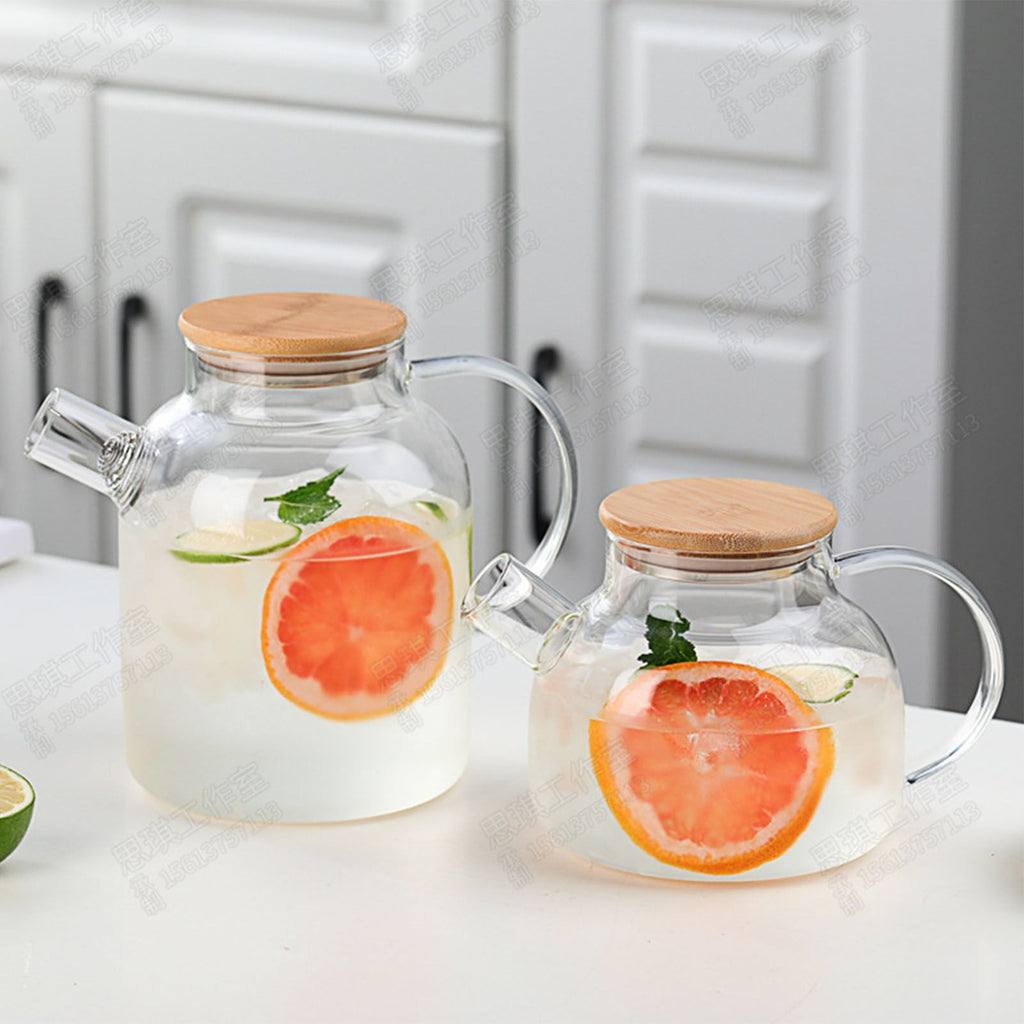 Water Pitcher 1800ml Glass Fridge Jug with Filter Whisk Wood Lid Heat Resistant Beverage Serveware for Drinks Tea Coffee