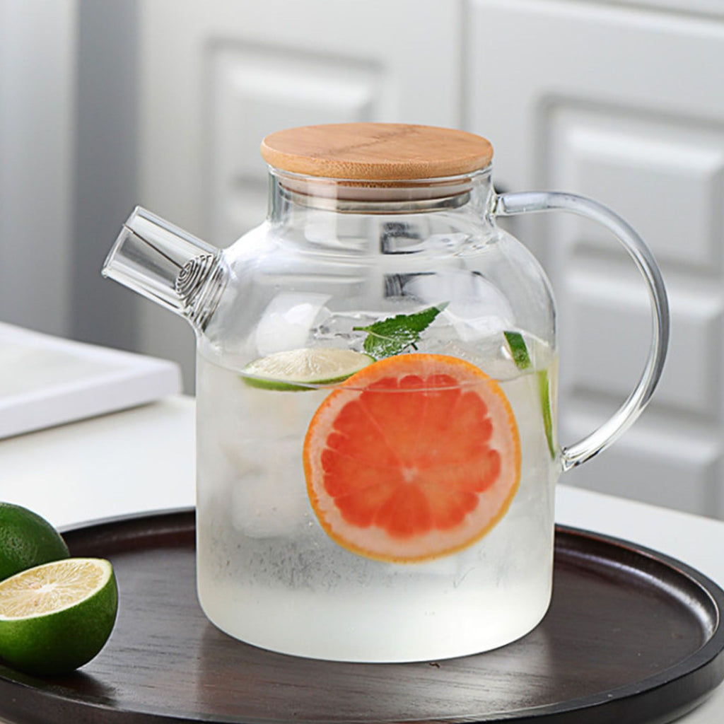 Water Pitcher 1800ml Glass Fridge Jug with Filter Whisk Wood Lid Heat Resistant Beverage Serveware for Drinks Tea Coffee