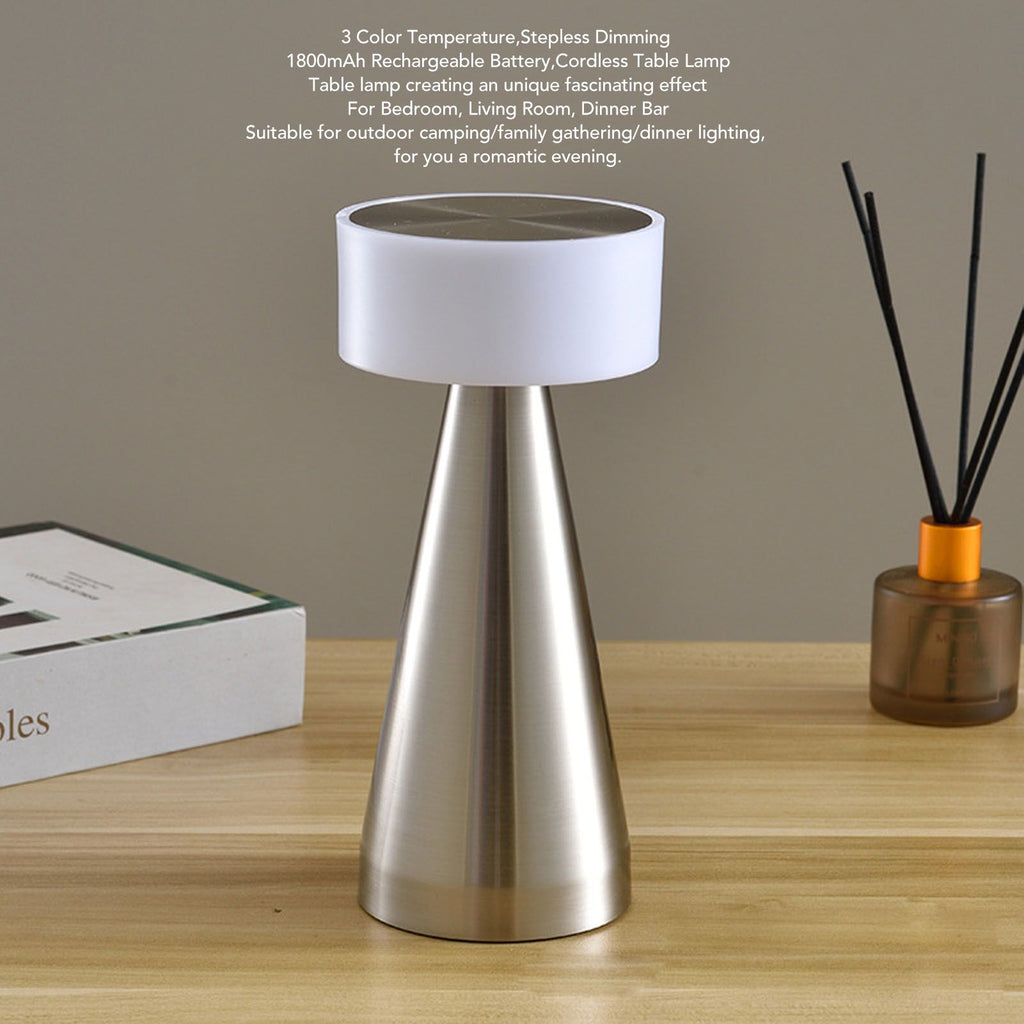 Portable LED Table Lamp 3 Color Temperatures Stepless Dimming 1800mAh Rechargeable Battery Nightstand Lamp Bedside Lamp Silver