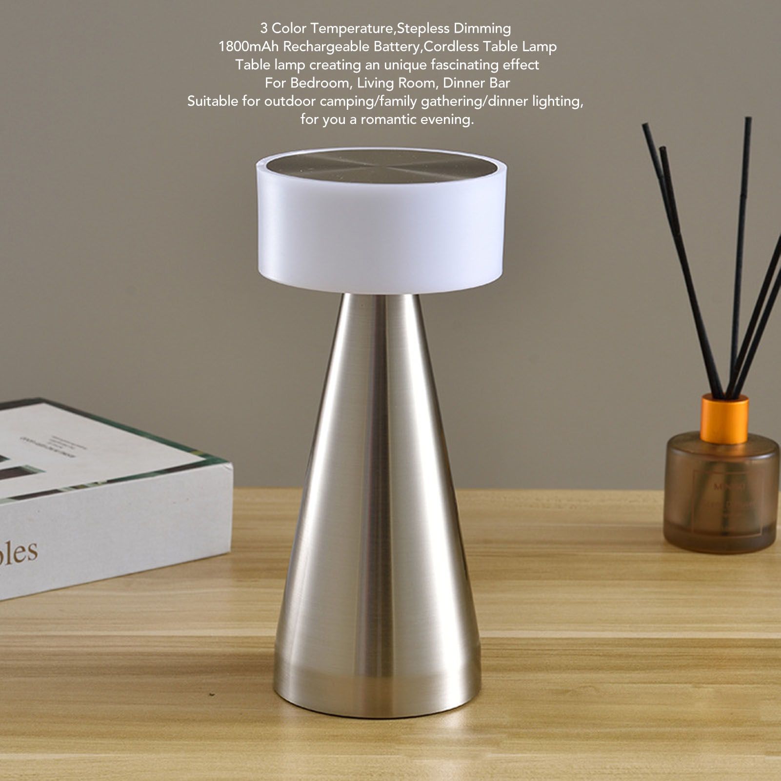 Portable LED Table Lamp 3 Color Temperatures Stepless Dimming 1800mAh Rechargeable Battery Nightstand Lamp Bedside Lamp Silver