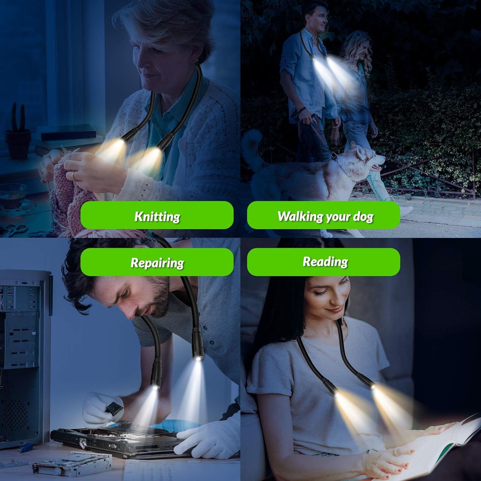 LED Neck Reading Light 3 Colors 3 Bright Level 1000mAh Rechargeable Battery Bendable Arms Book Light for Knitting