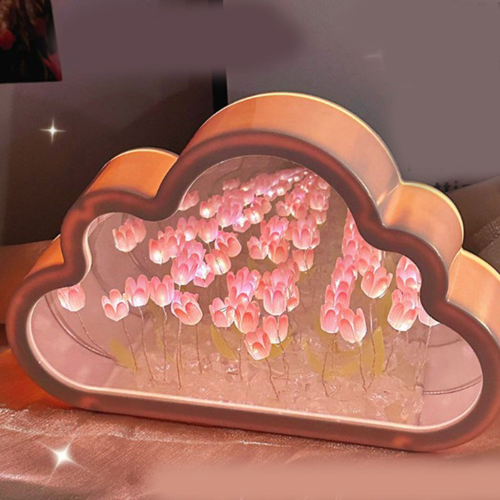 Tulip Cloud Mirror Night Lights 20 Pink Flowers Plastic Built in Batteries DIY Cloud Mirror Tulip Lamp for Birthday Valentine's Day