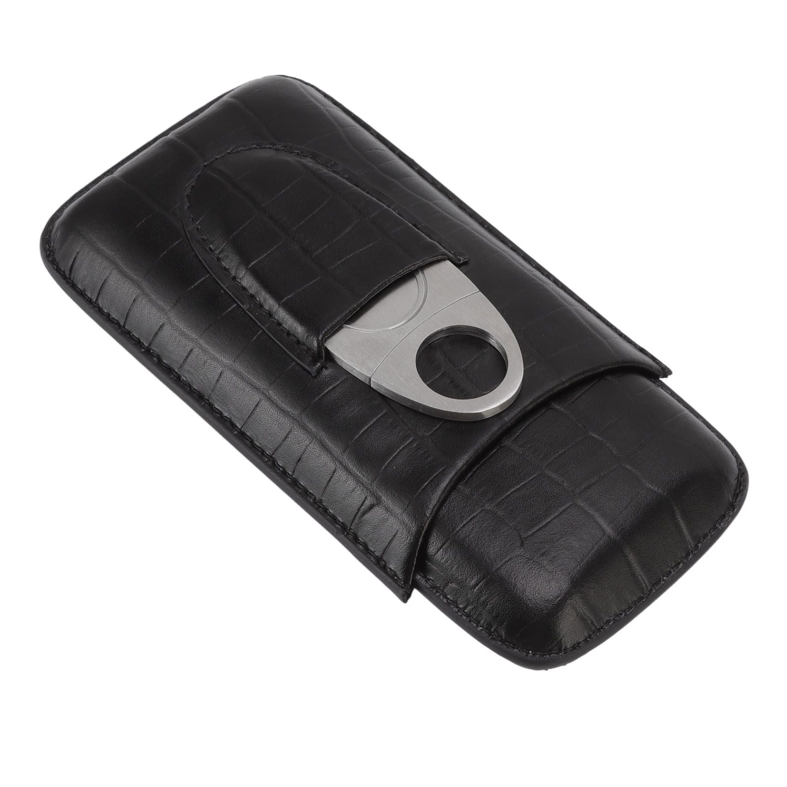 Cigar Leather Case Travel Portable 3pcs Cigar Holder Cigar Humidor with Cutter Set Black with Bamboo Joint Pattern