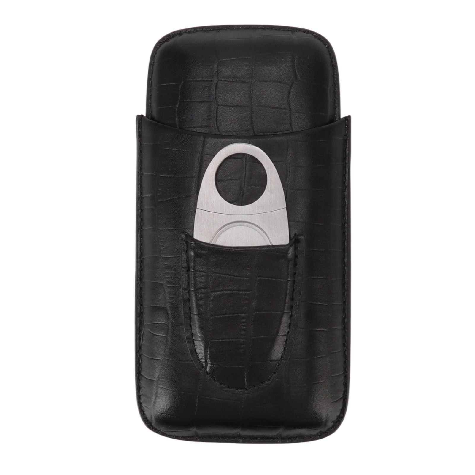 Cigar Leather Case Travel Portable 3pcs Cigar Holder Cigar Humidor with Cutter Set Black with Bamboo Joint Pattern