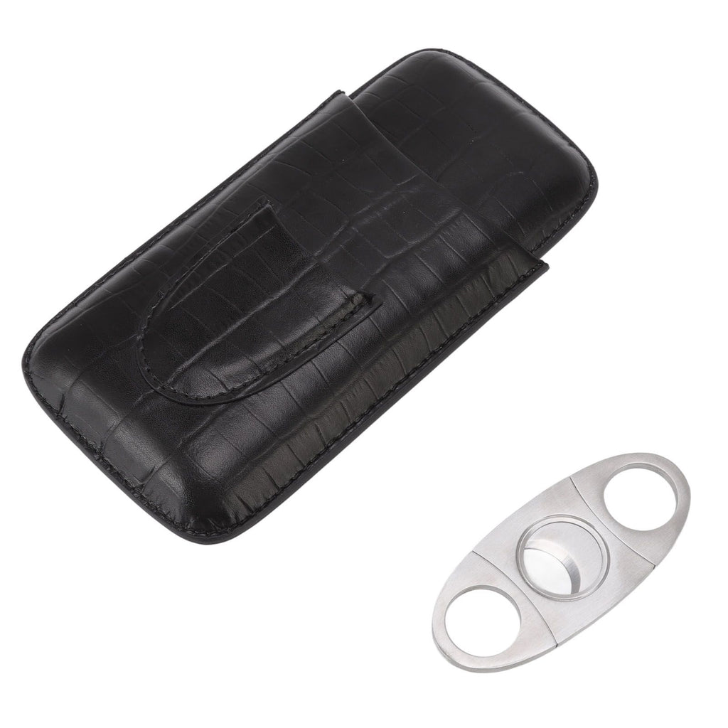 Cigar Leather Case Travel Portable 3pcs Cigar Holder Cigar Humidor with Cutter Set Black with Bamboo Joint Pattern