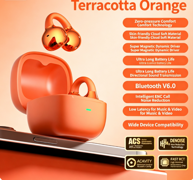 Y63 Zero Pressure Open Ear Wireless Earbuds Bluetooth 6.0 Heavy Bass Headphones，orange