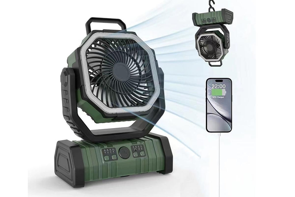 Portable Camping Fan with Light Large Capacity Outdoor Rechargeable Tent Fan - Army Green