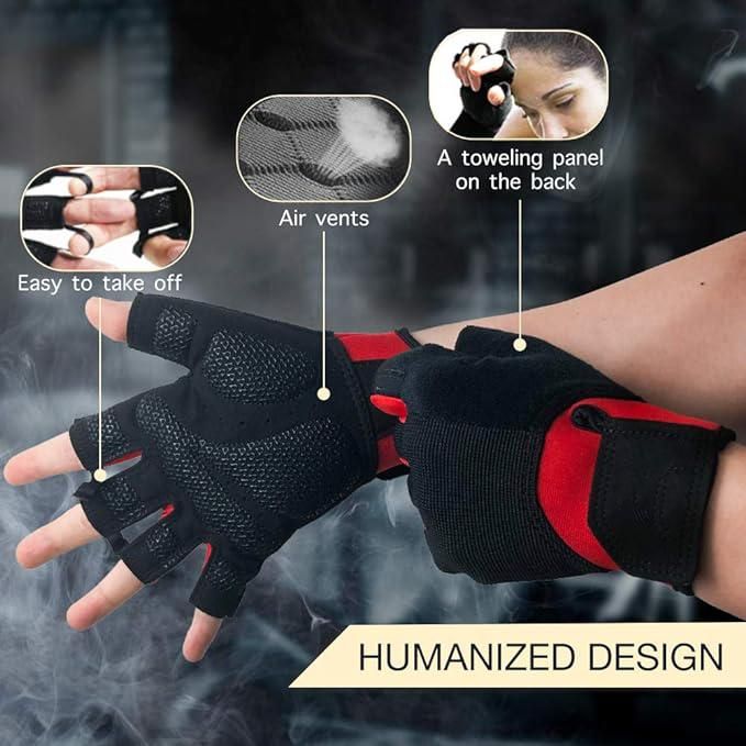 Fitness Gloves Half Finger Breathable Non Slip Weightlifting Training Workout Palm Support For Men And Women - Red M