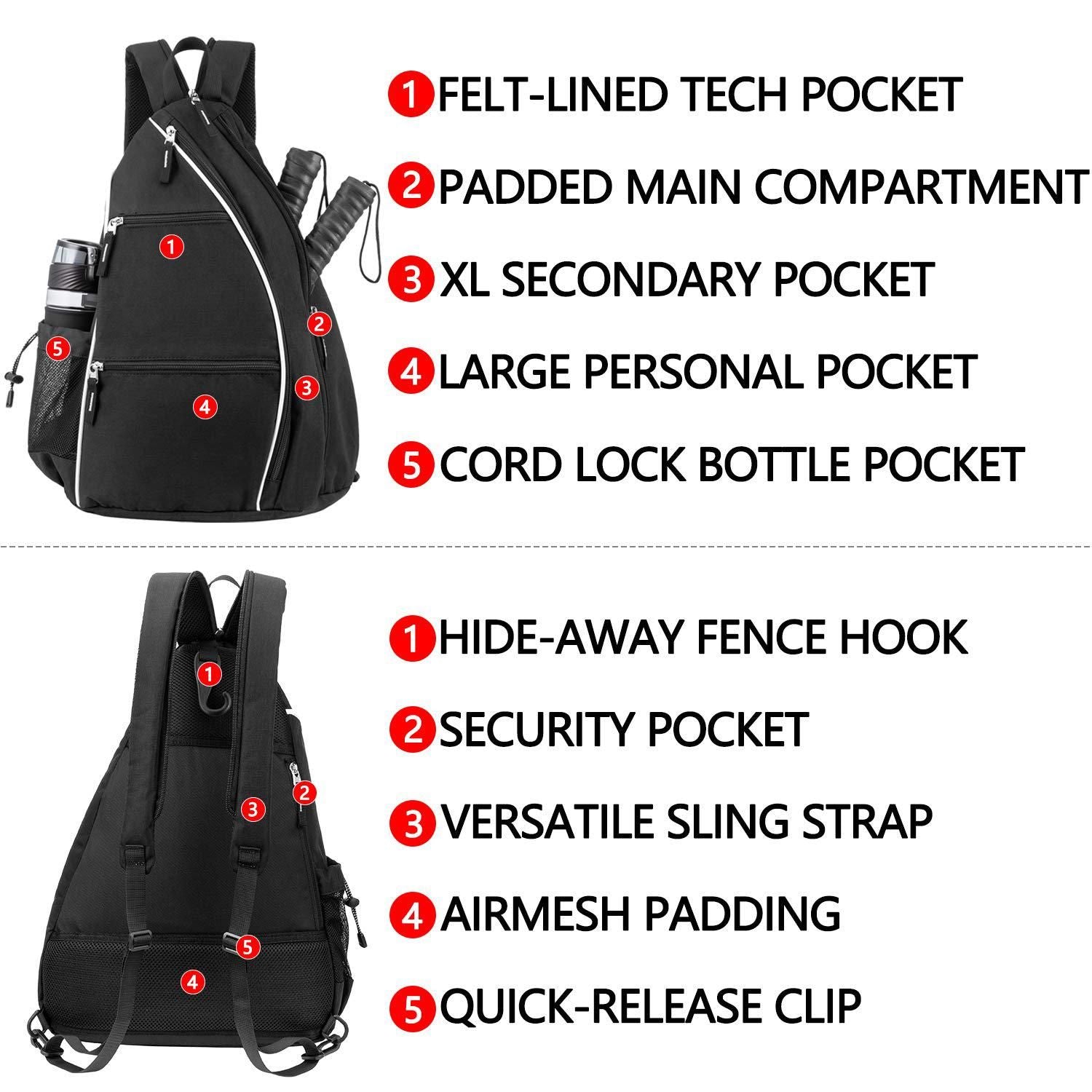 Pickleball Backpack Adjustable Sling Bag With Fence Hook And Large Capacity - Gray