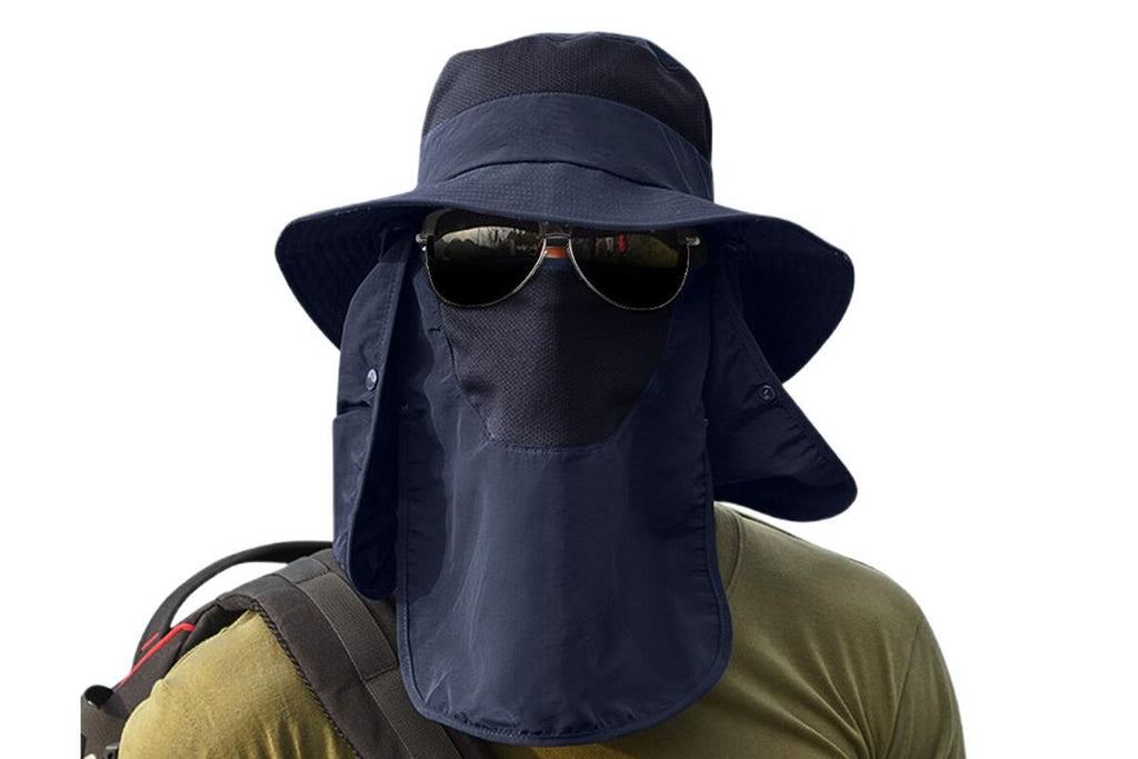 Outdoor Sun Protection Fishing Cap Wide Brim Hat With Neck Flap And Face Cover - Navy Blue