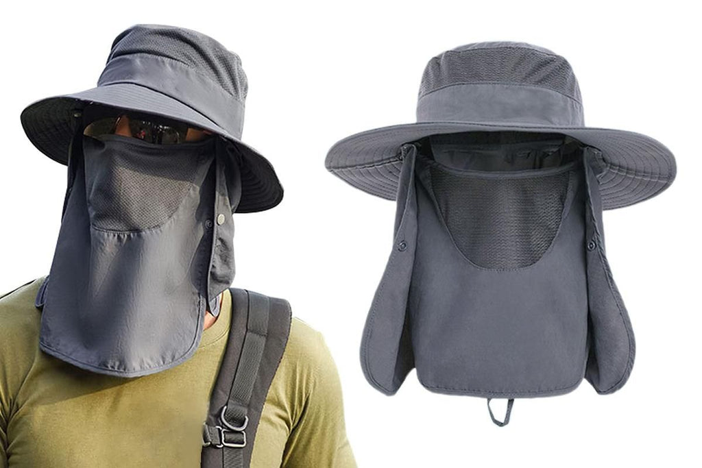 Outdoor Sun Protection Fishing Cap Wide Brim Hat With Neck Flap And Face Cover - Army Green
