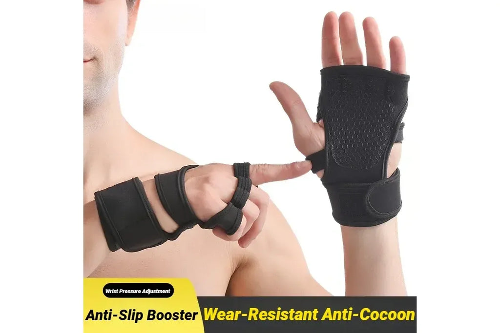 Half Finger Training Sport Gloves For Men Women Workout Fitness Body Building Weightlifting Gym Hand Wrist Protector Dumbbells - Black (1pair) XL